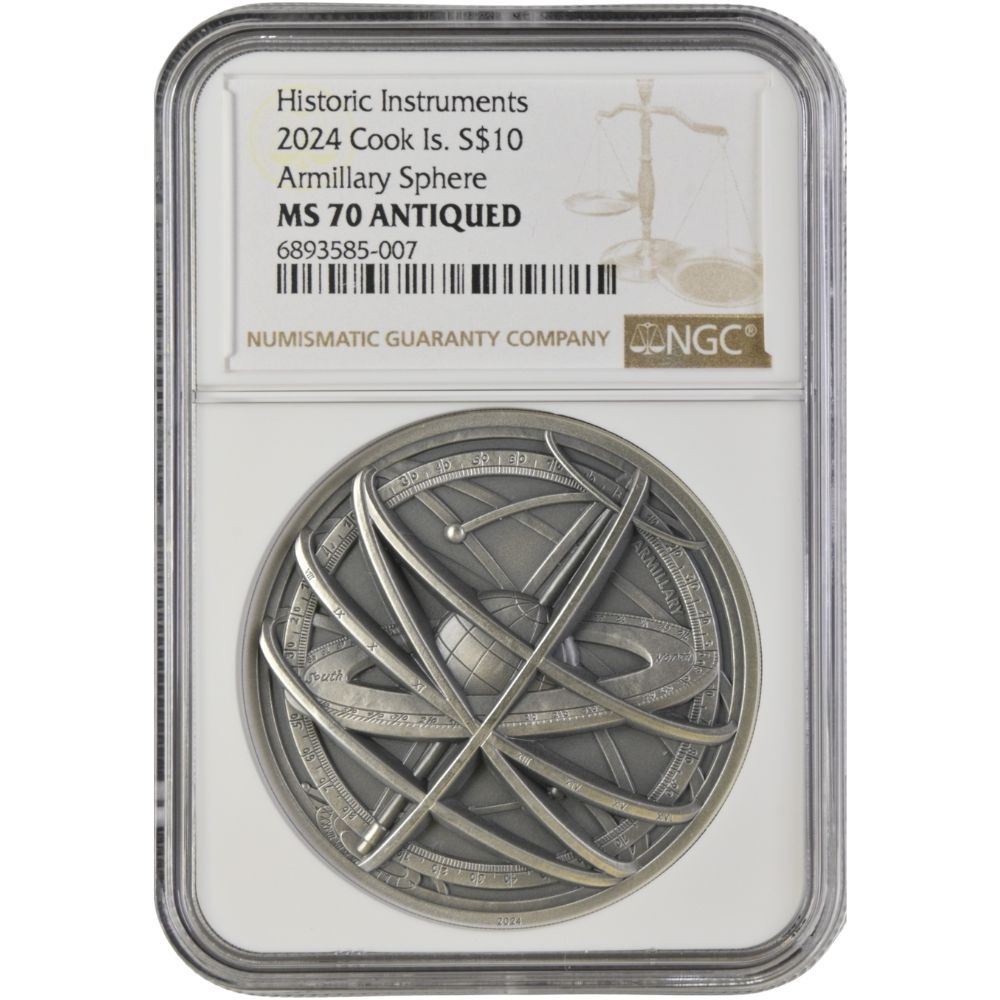 Historic Instruments ARMILLARY SPHERE2 Oz Silver Coin $10 Cook Islands 2024- NGC Graded MS 70 Antiqued No. 6893585-007