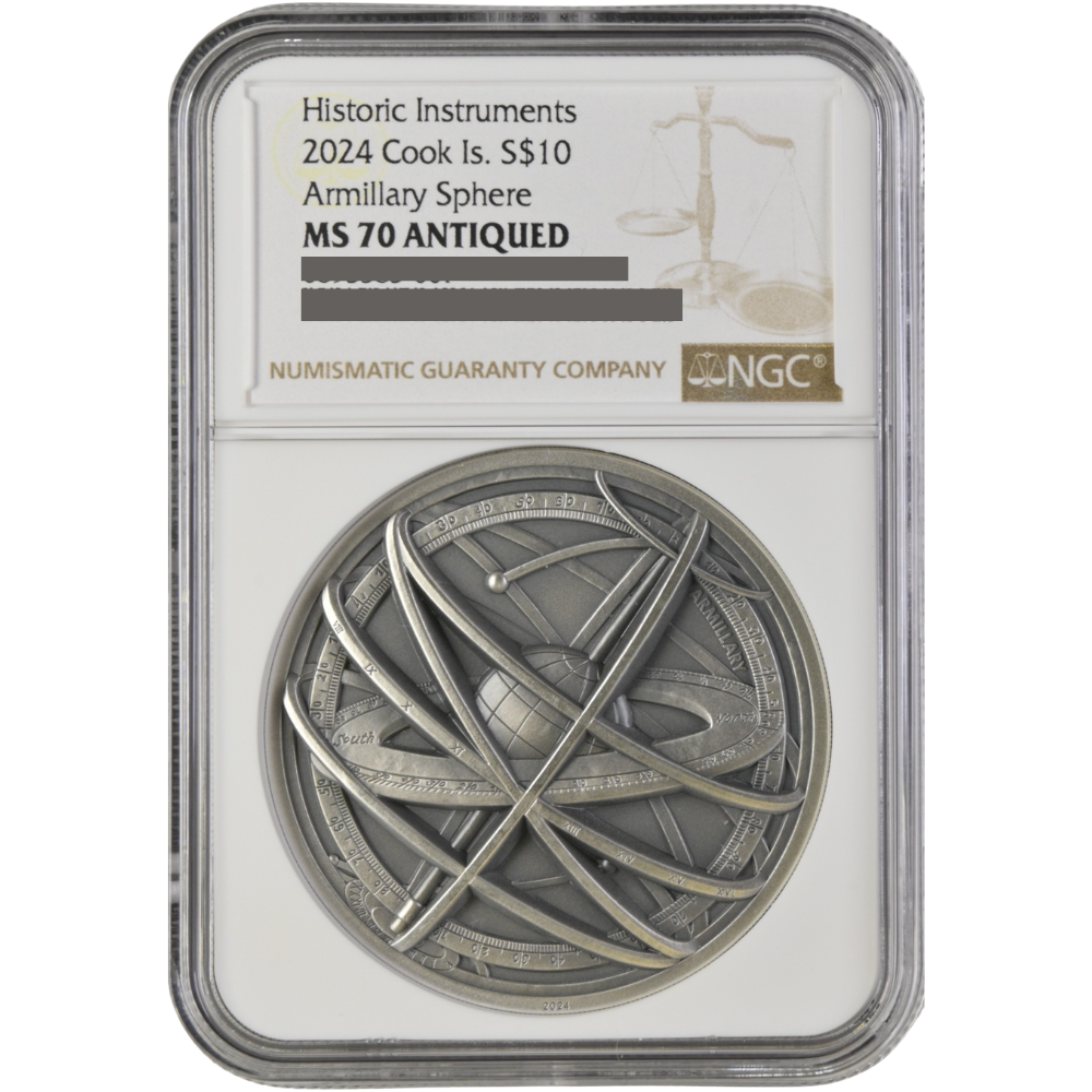 Historic Instruments  ARMILLARY SPHERE2 Oz Silver Coin $10 Cook Islands 2024- NGC Graded MS 70 Antiqued