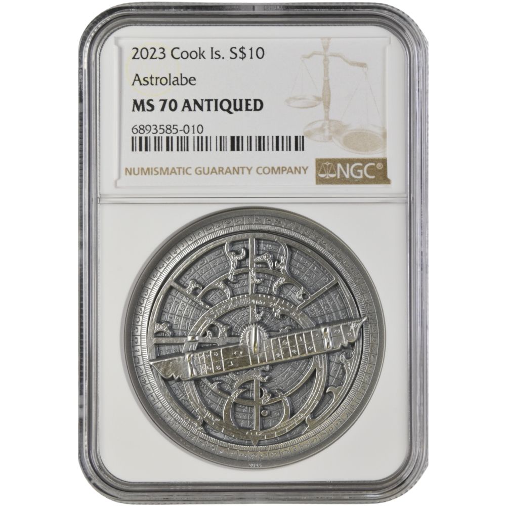 Historic Instruments ASTROLABE 2 Oz Silver Coin $10 Cook Islands 2023- NGC Graded MS 70 Antiqued