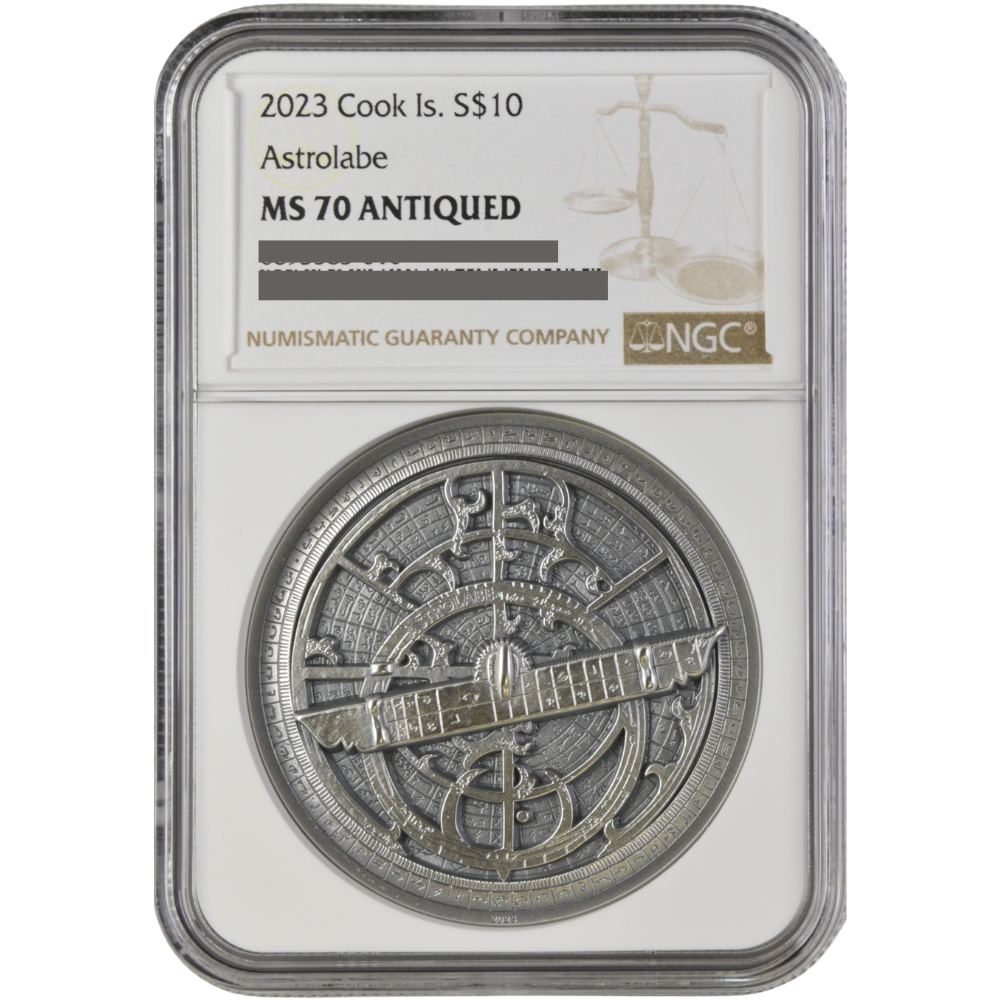 Historic Instruments ASTROLABE  2 Oz Silver Coin $10 Cook Islands 2023- NGC Graded MS 70 Antiqued