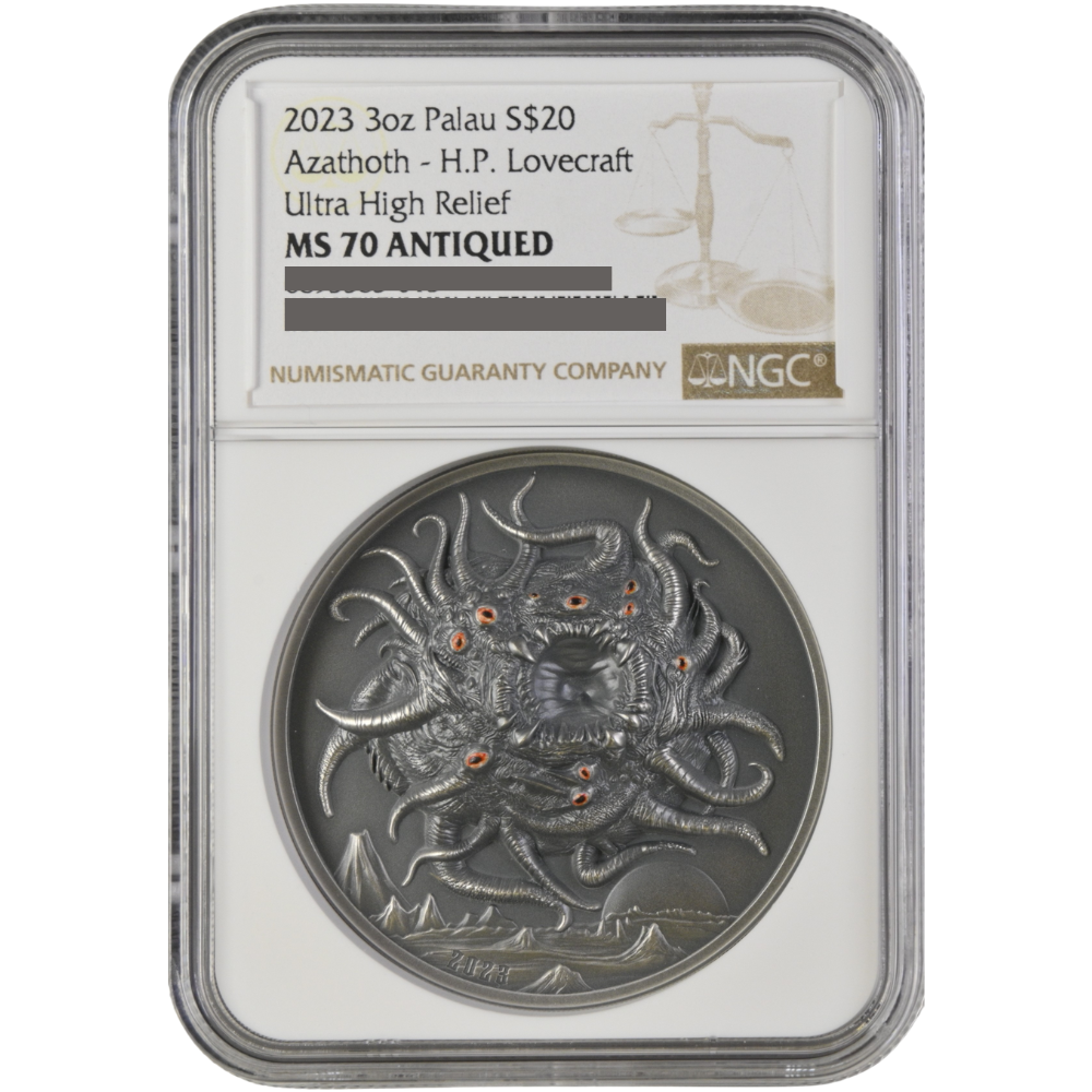 Howard Phillips Lovecraft-AZATHOTH 3 Oz Silver Coin $20 Palau 2023- NGC graded MS 70 Antiqued