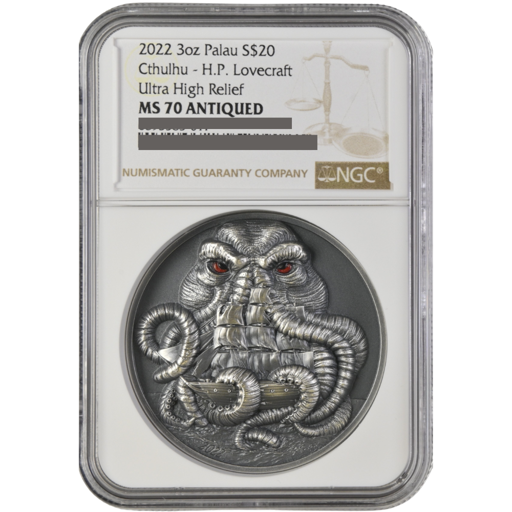 Howard Phillips Lovecraft-CTHULHU 3 Oz Silver Coin $20 Palau 2022- NGC graded MS 70 Antiqued