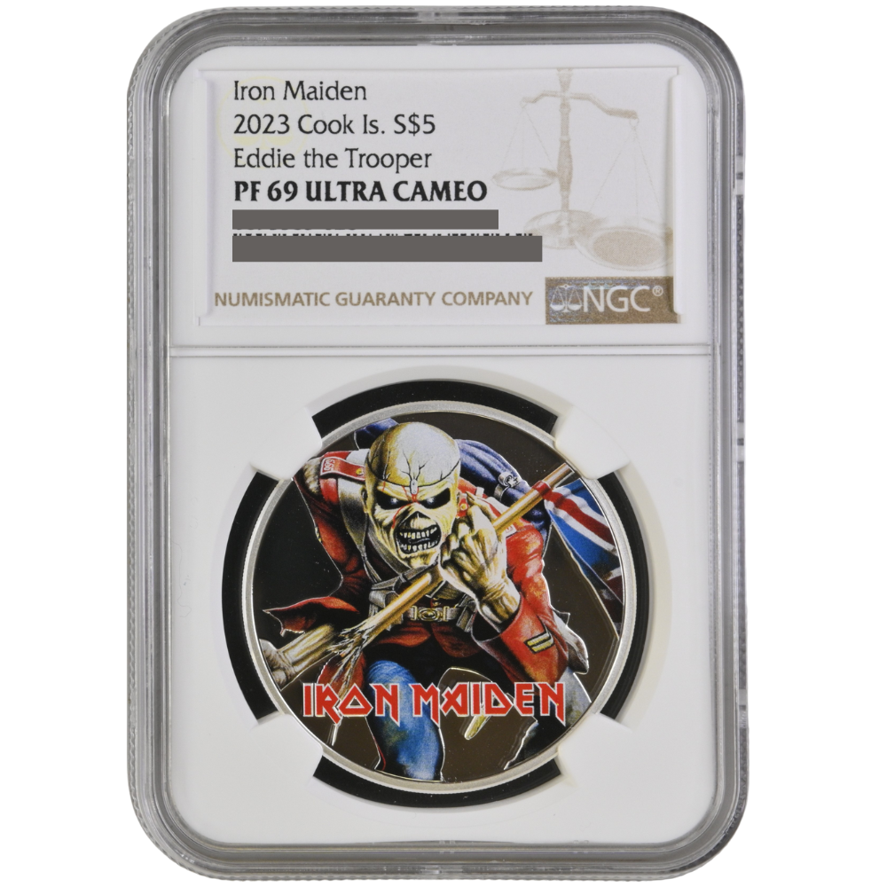 Iron Maiden-EDDIE THE TROOPER 1 Oz Silver Coin $5 Cook Islands 2023- NGC Graded PF 69 Ultra Cameo