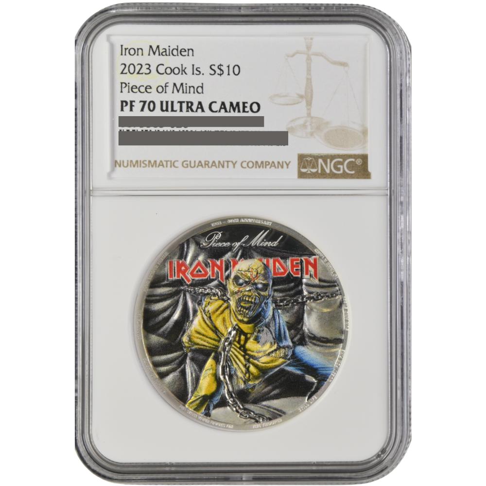 Iron Maiden-PIECE OF MIND 2 Oz Silver Coin $10 Cook Islands 2023- NGC Graded PF 70 Ultra Cameo
