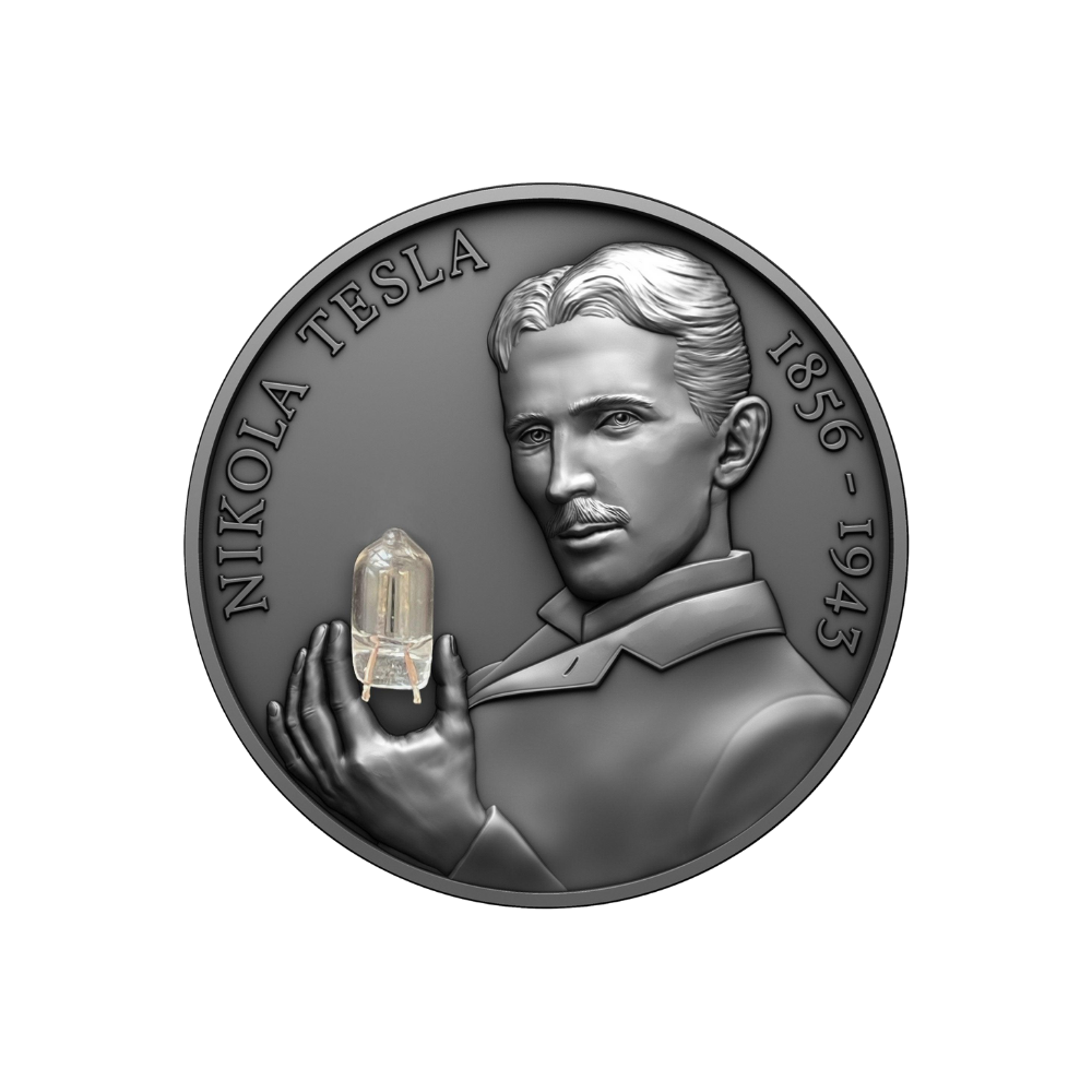 NIKOLA TESLA Bulb Inlay 80th Anniversary 2 Oz Silver Coin 2000 Francs Cameroun 2023