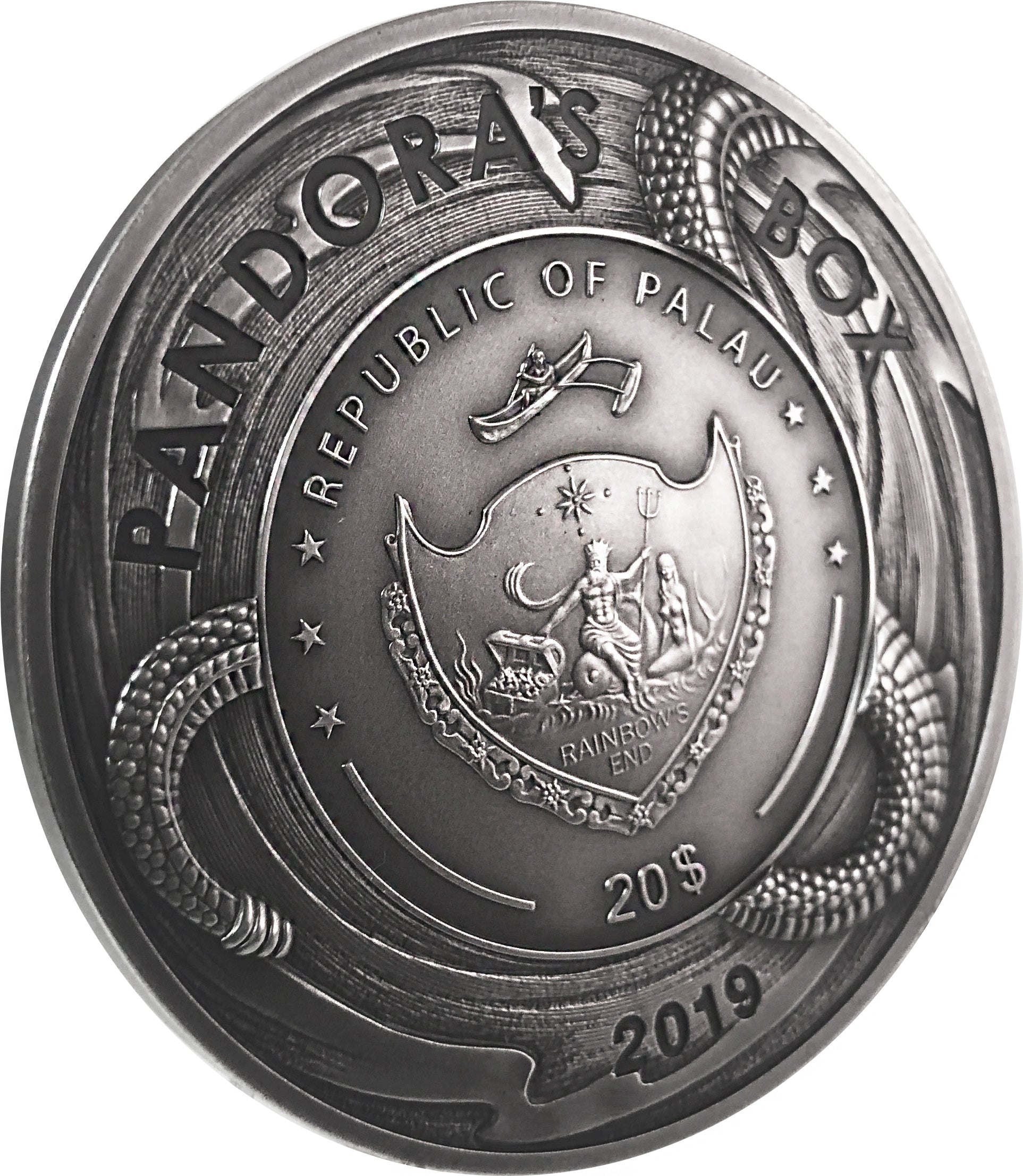 PANDORA BOX Evil Within EHR Epic High Relief 3 Oz Silver Coin $20 Palau 2019