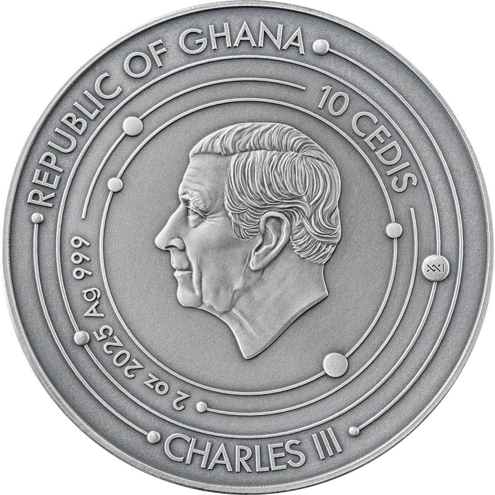 MOON Solar System 2 Oz Silver Coin 10 Cedis Ghana 2025 obverse Mint XXI Parthava Coin