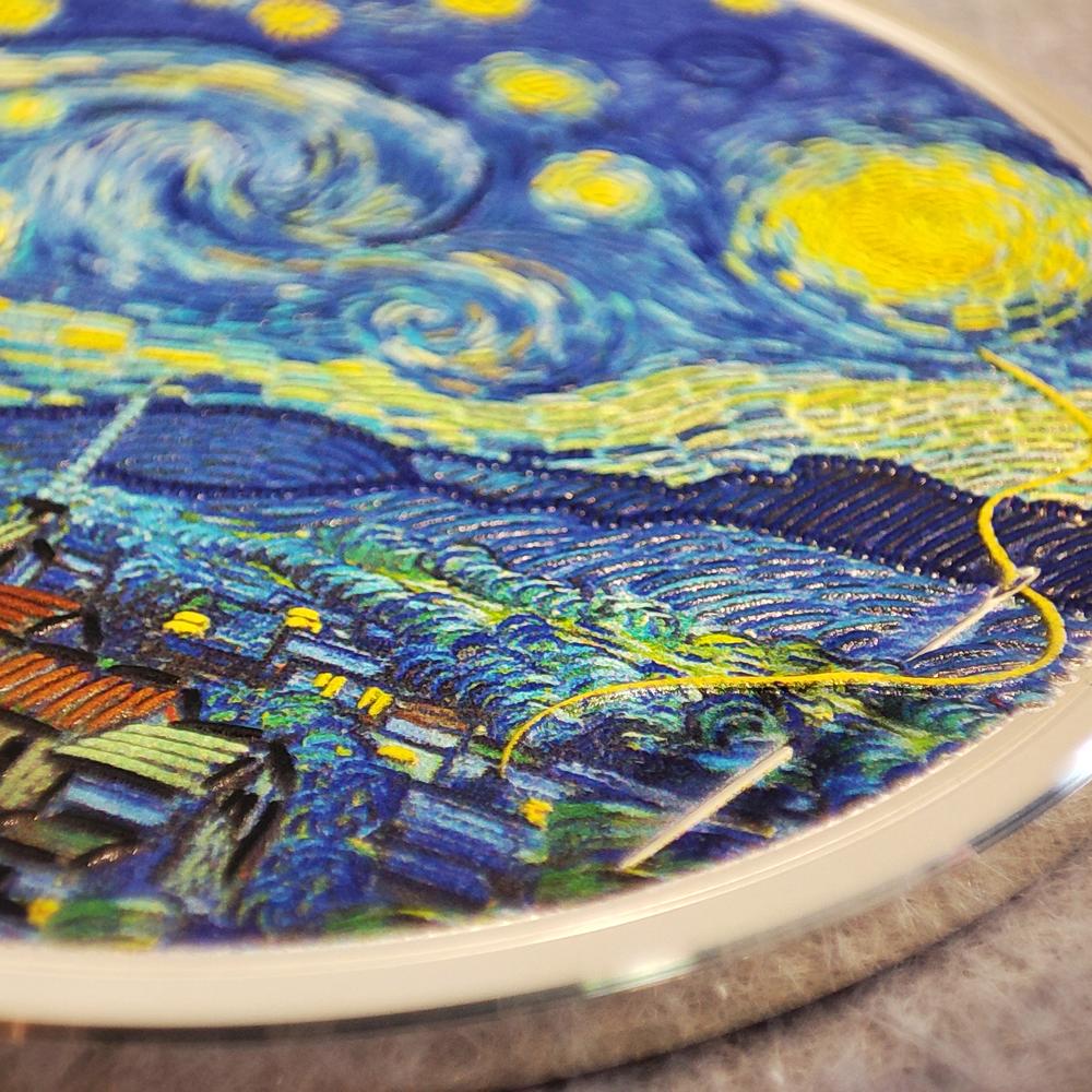 2024 3 oz silver coin featuring Van Gogh's 'Starry Night' with fine embroidery effects and vivid colors, $20 Palau denomination, numbered on the edge, Silk Finish quality, in a display case with Certificate of Authenticity.