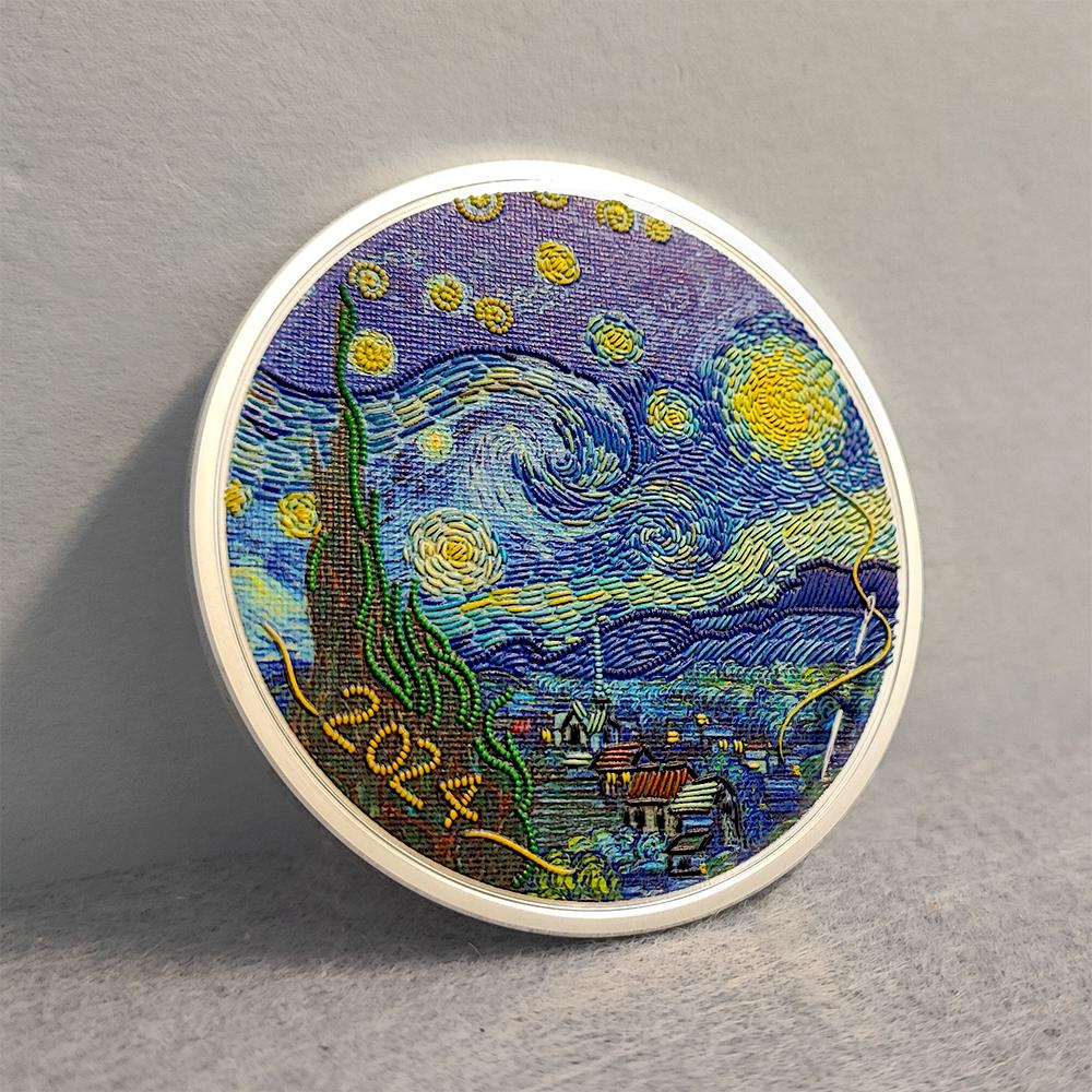 2024 3 oz silver coin featuring Van Gogh's 'Starry Night' with fine embroidery effects and vivid colors, $20 Palau denomination, numbered on the edge, Silk Finish quality, in a display case with Certificate of Authenticity.
