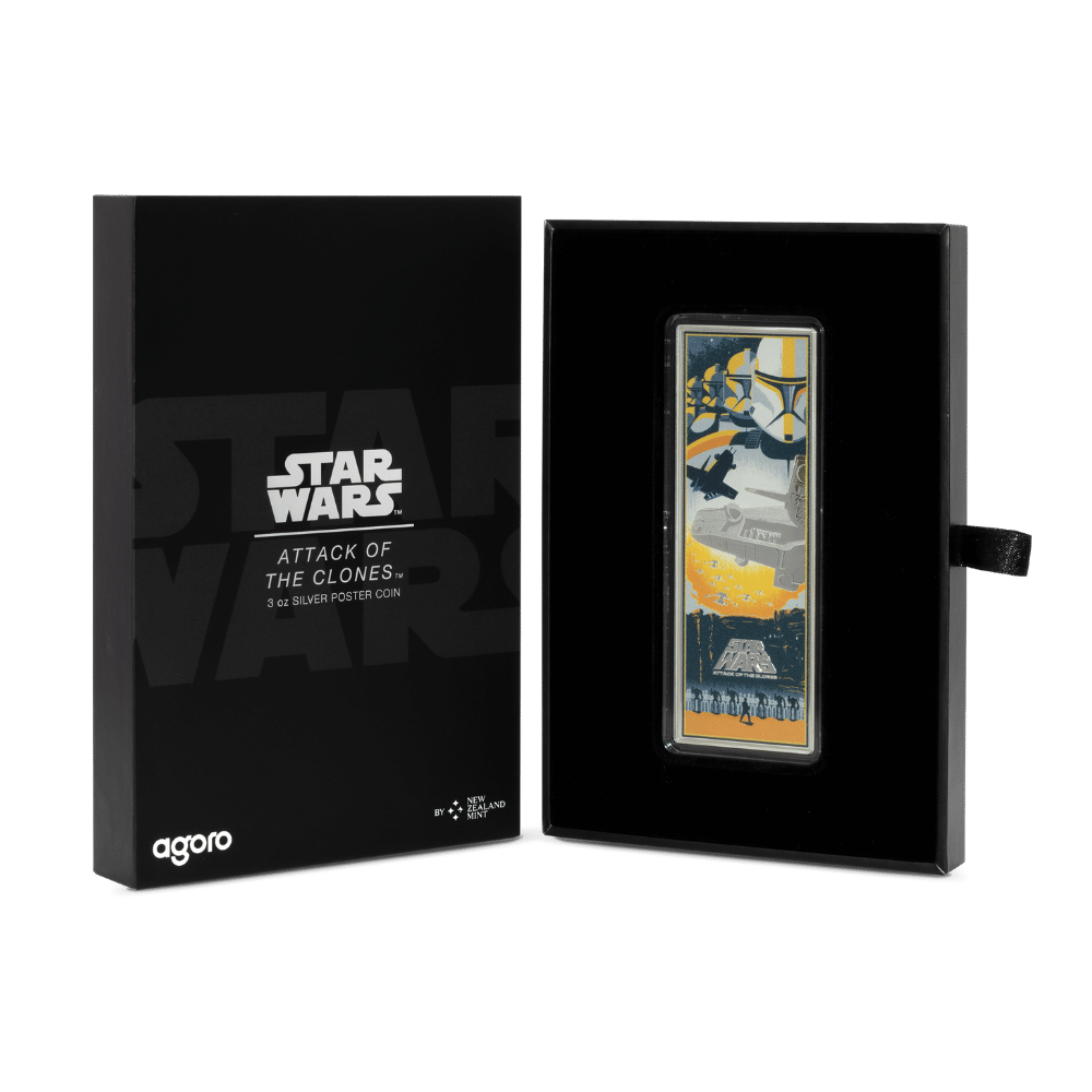 Star Wars™ Attack of the Clones™ Poster Silver Coin Packaging opened - Agoro New Zealand Mint