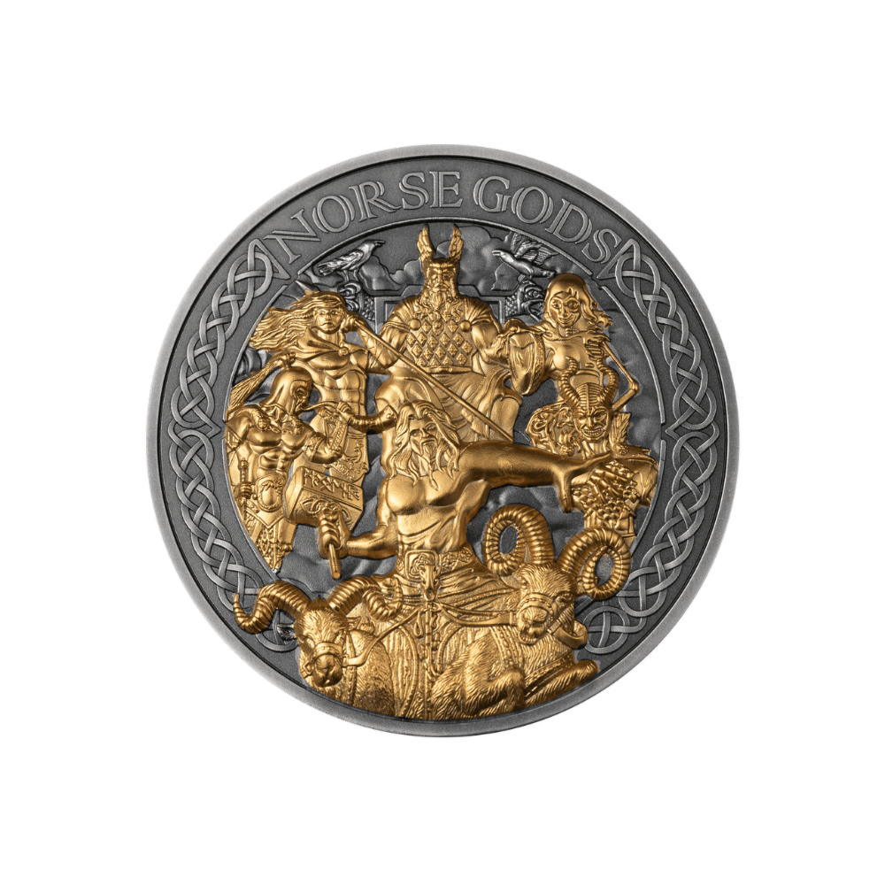 THE AESIR Norse Gods Gold Plating 5 Oz Silver Coin $25 Cook Islands 2024