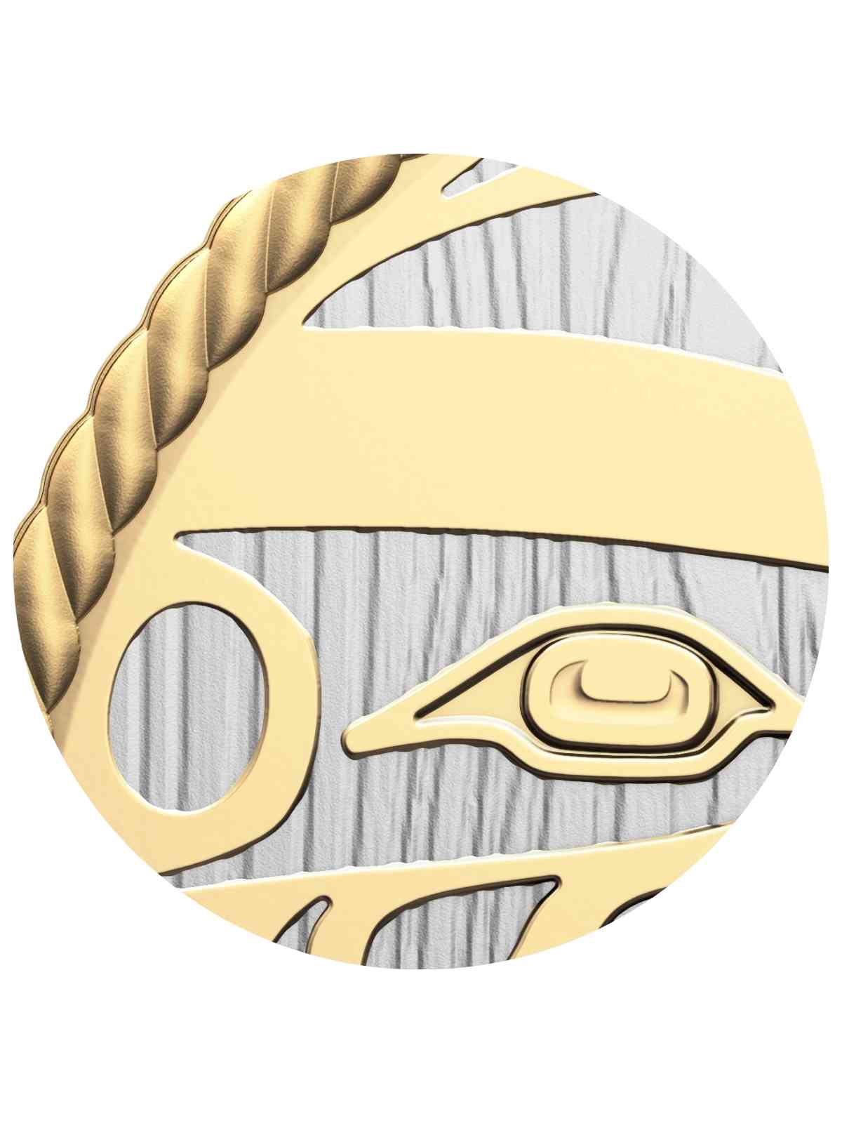 $30 fine silver coin 'The Hunter' featuring a Kwakiutl hand-carved Western Red Cedar design by artist Jason Henry Hunt, re-created in 2 oz. 99.99% pure silver with selective gold plating, showcasing an Eagle hunting in the Northwest Coast formline style.
