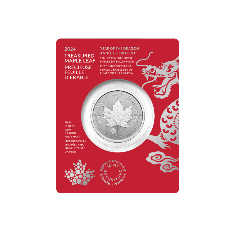 TREASURED SILVER MAPLE LEAF FIRST STRIKES Year of the Dragon Privy Mark (Premium Bullion)