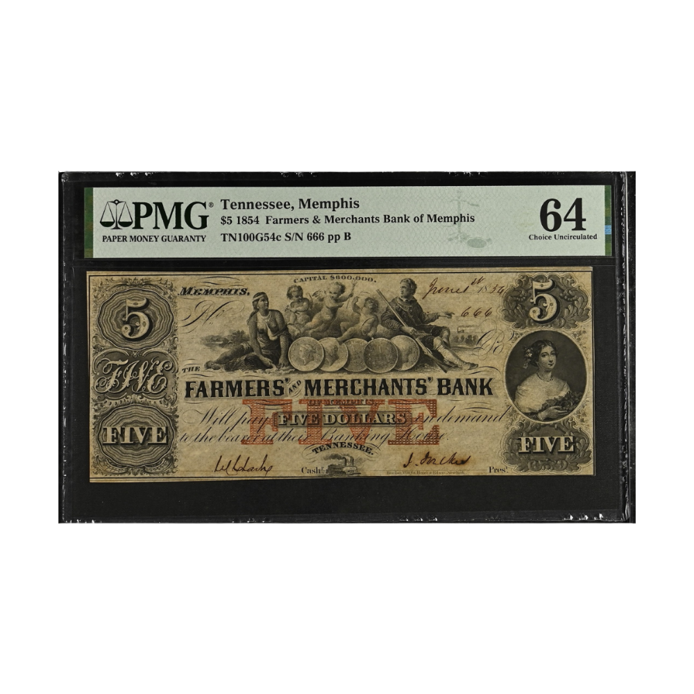 Tennessee $5 1854 Farmers & Merchants Bank of Memphis PMG 64 Choice UNC