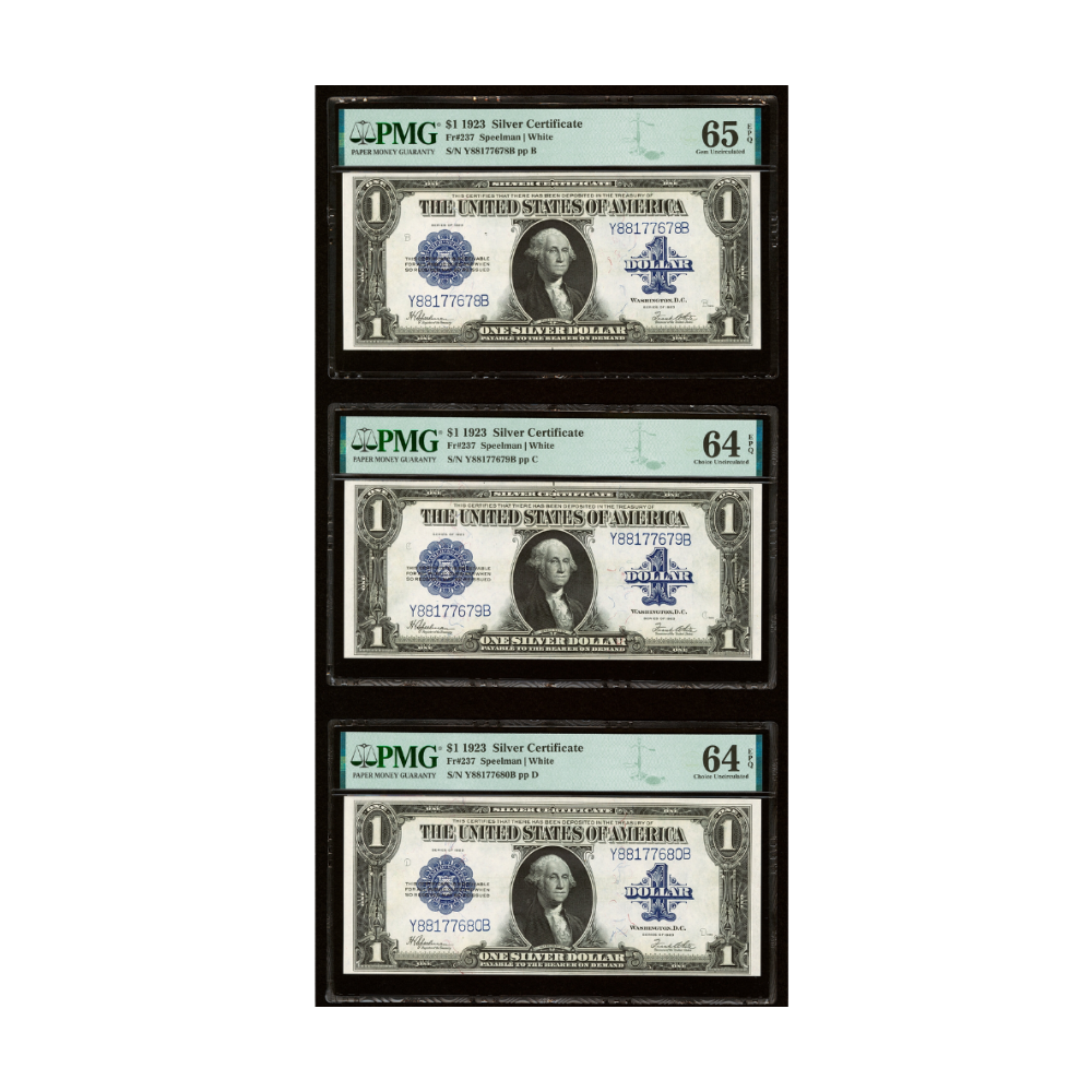US $1 1923 Fr#237 Silver Certificate PMG 65 EPQ/ 64 EPQ(3 Consecutive Notes)