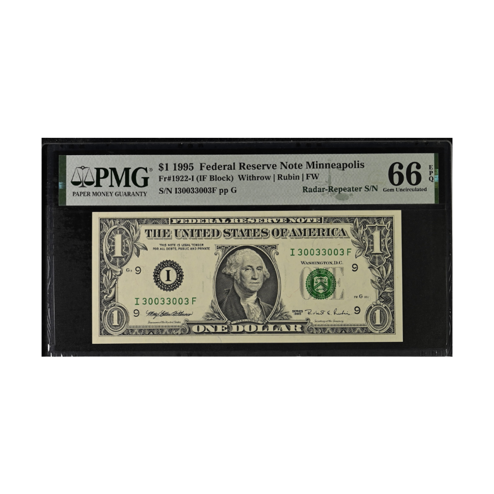 US $1 1995 Fr#1922-I Radar–Repeater Serial Number PMG 66 Gem Uncirculated EPQ