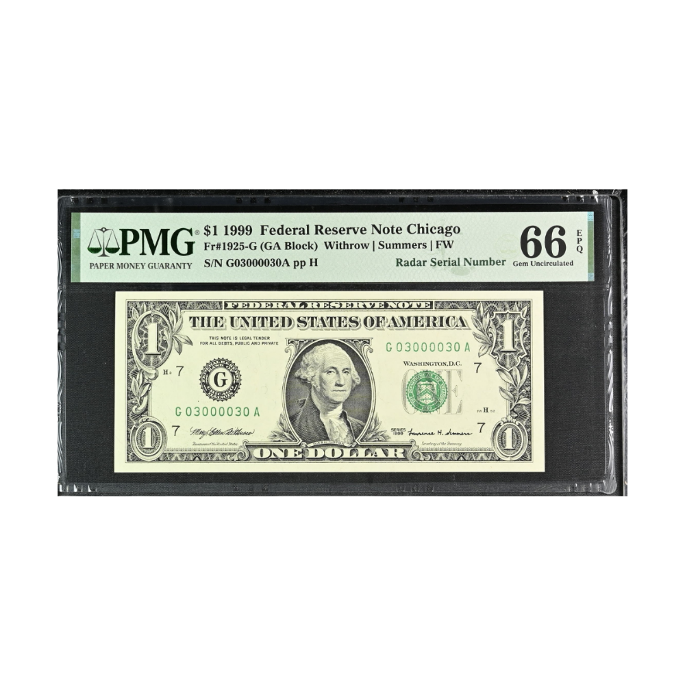 US $1 1999 Federal Reserve Note Chicago Radar Serial Number Fr. 1925-G PMG 66 EPQ Gem UNC