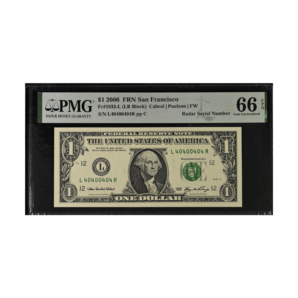 US $1 2006 Fr#1933-L Radar Serial PMG 66 Gem UNC EPQ