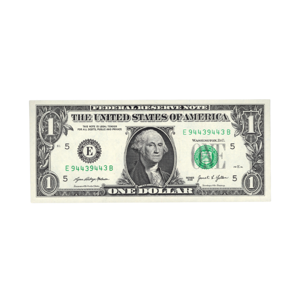 US $1 2021 Fr. 3007-E Federal Reserve Note Repeater Serial Number E94439443B UNC