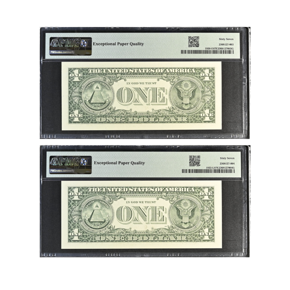 US $1 2003A–2006 Fr#1930-E | Fr#1933-L Federal Reserve Note Matching Fancy Serial Number Pair PMG 67 Superb Gem Uncirculated EPQ