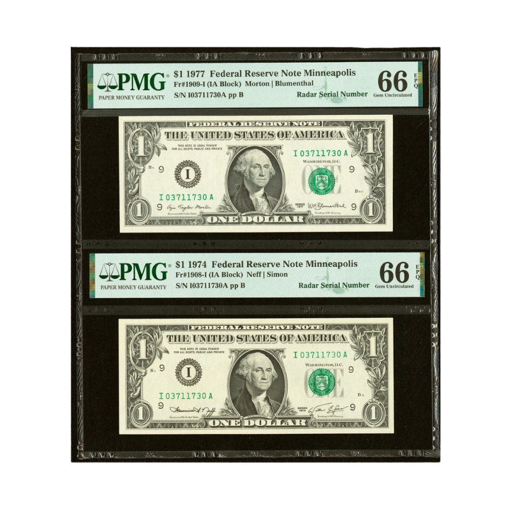 US $1 1974–1977 Fr#1908-I Fr#1909-I Federal Reserve Note Matching Radar Serial Number Pair PMG 66 Gem Uncirculated EPQ