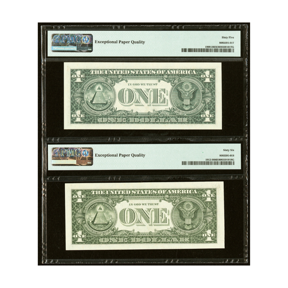 US $1 Matching Radar Serial Number Pair – 1977 & 1981A Fr#1909-H | Fr#1912-H Federal Reserve Notes PMG 65/66 Gem Uncirculated EPQ