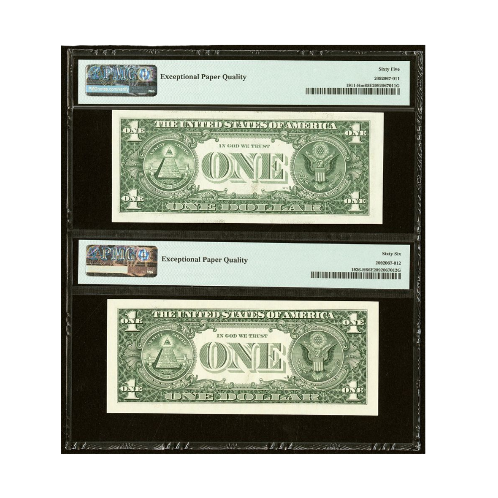 US $1 1981–2001 Fr#1911-H | Fr#1926-H Federal Reserve Note Matching Repeater Serial Number Pair PMG 65/66 Gem Uncirculated EPQ