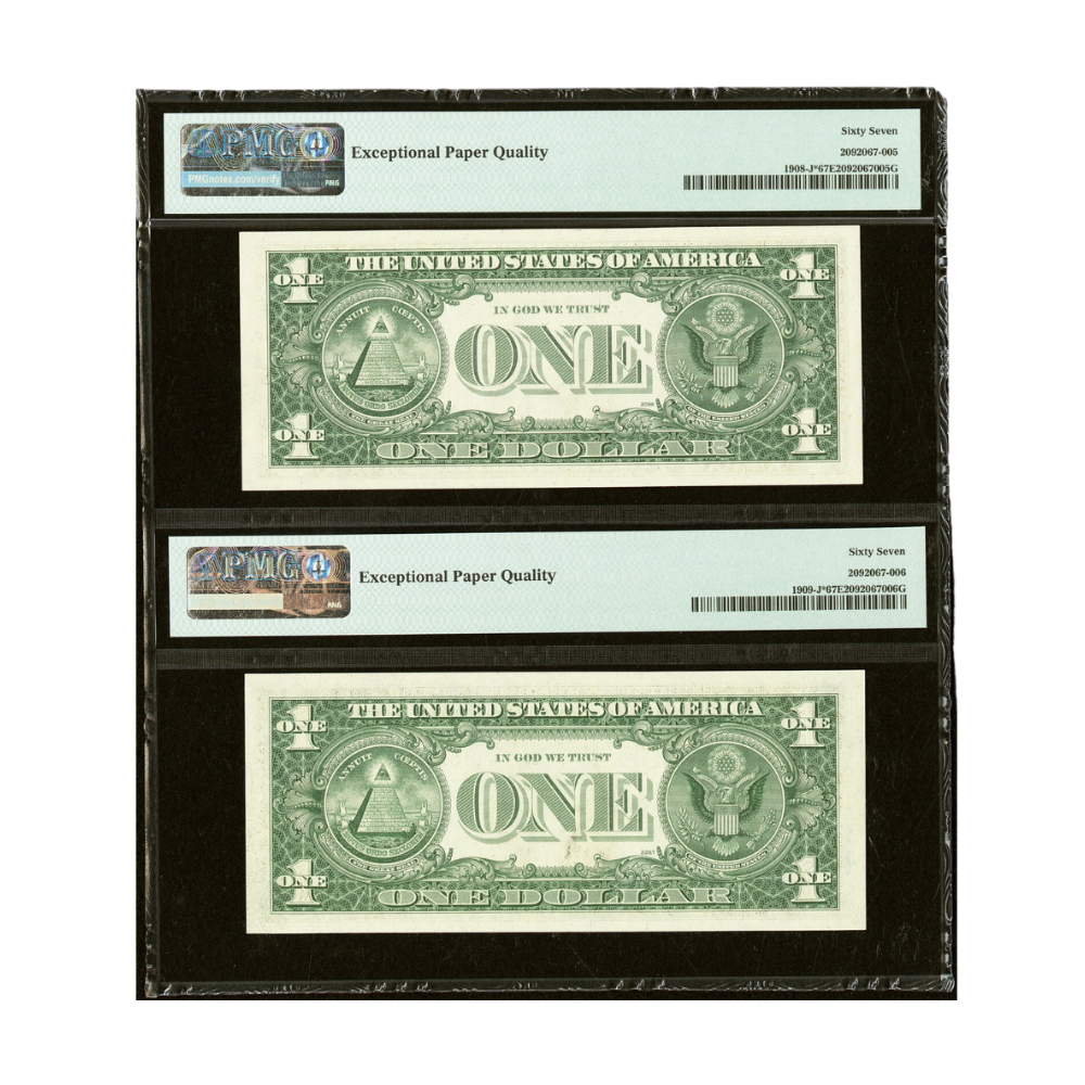 US $1 Matching Serial Number Pair – 1974 & 1977 Fr#1908-J* | Fr#1909-J* Federal Reserve Notes PMG 67 Superb Gem Uncirculated EPQ