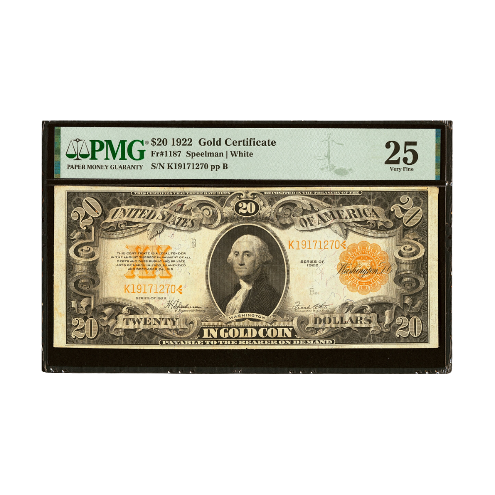 US $20 1922 Fr#1187 Gold Certificate PMG 25 Very Fine