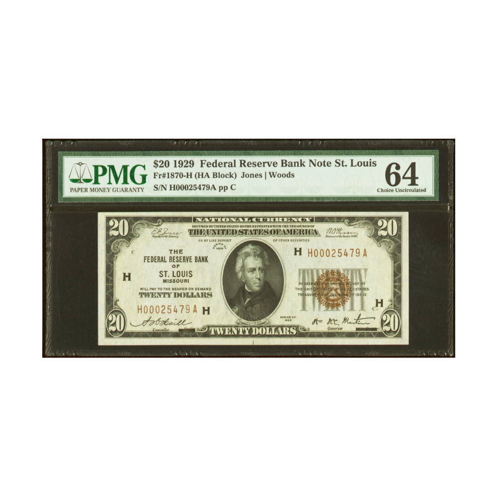 US $20 1929 Fr#1870-H Federal Reserve Bank Note PMG 64 Choice UNC