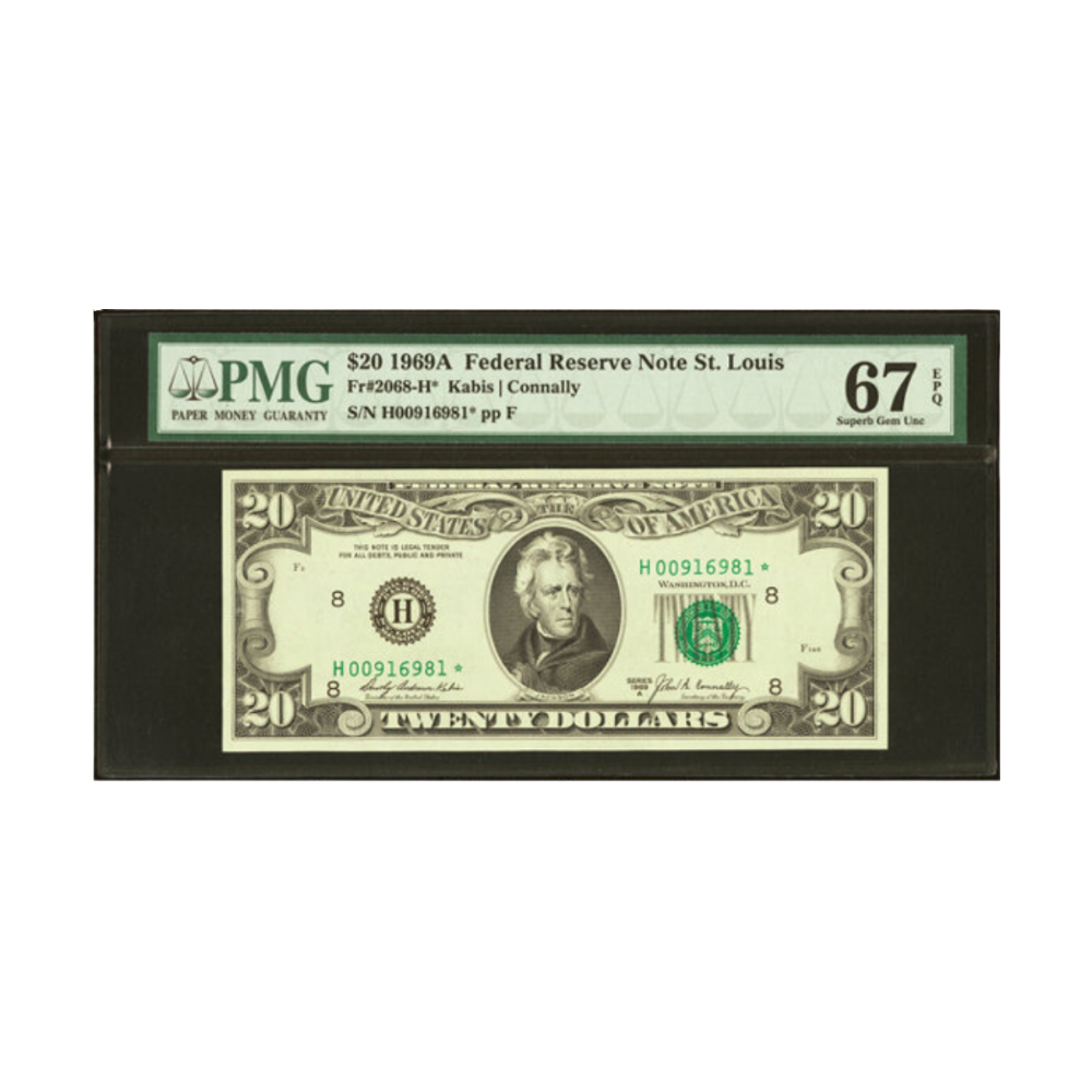 US $20 1969A Fr#2068-H★ Federal Reserve Note Star Note PMG 67 Superb Gem Unc EPQ