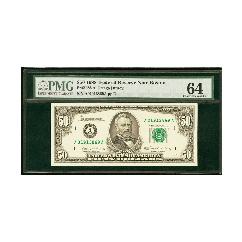 US $50 1988 Federal Reserve Note Boston PMG Choice UNC 64