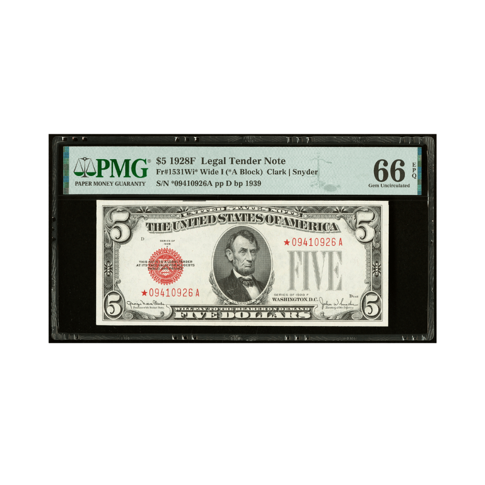 US $5 Fr. 1531Wi* 1928F Wide I Legal Tender Star Note PMG Gem Uncirculated 66 EPQ