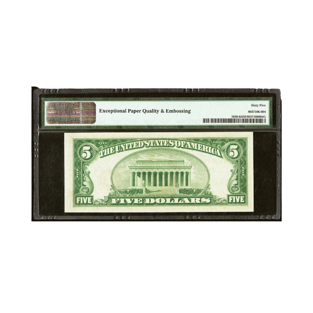 US $5 1929 Fr#1850-K Federal Reserve Bank Note Dallas PMG 65 Gem Uncirculated EPQ