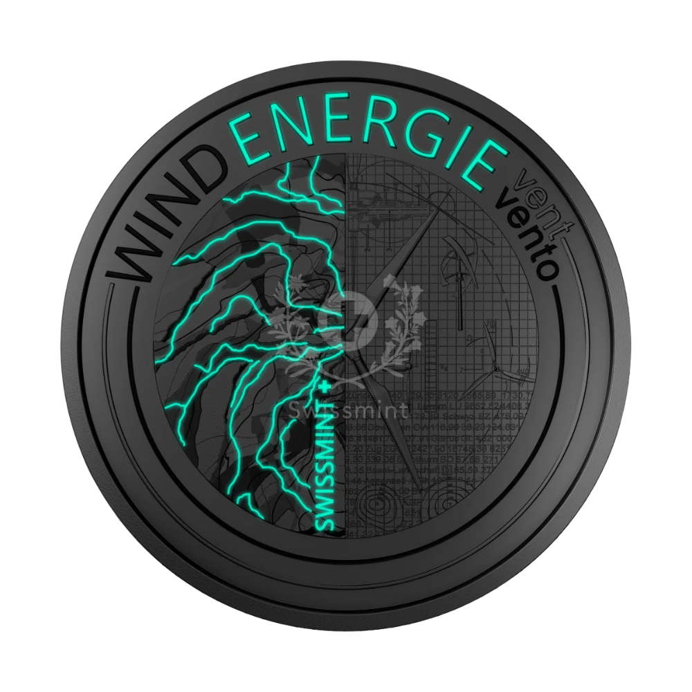 Wind Energy power of nature pulse of progress silver coin Swissmint 2023 reverse bluelight