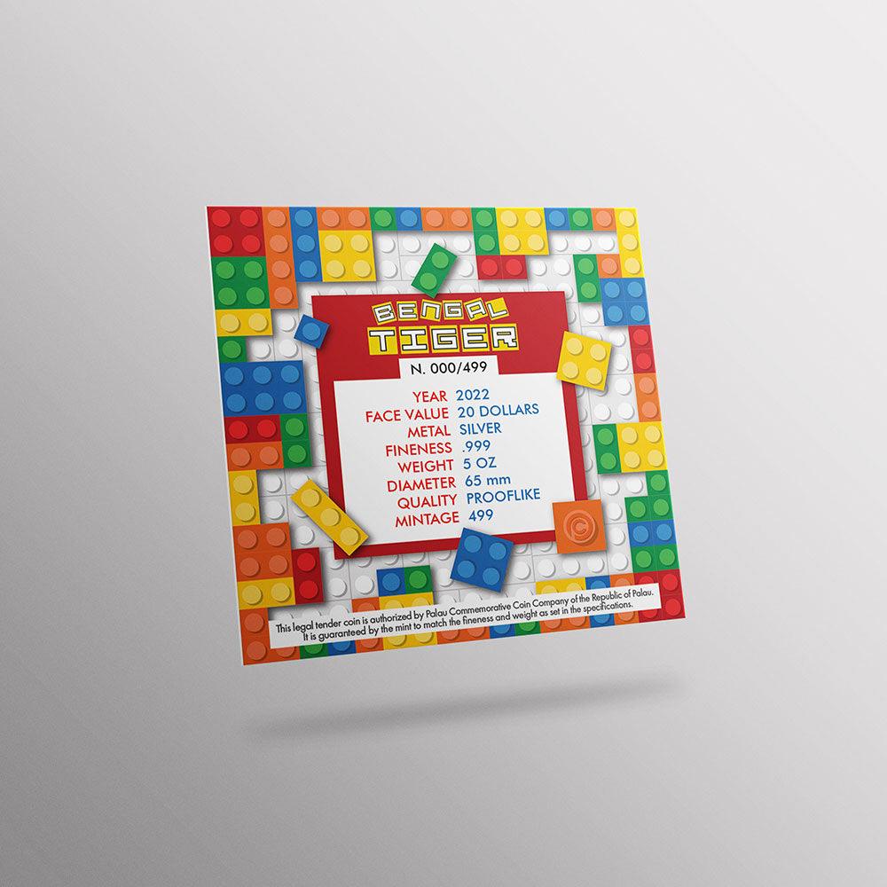 BENGAL TIGER Beloved Building Blocks 5 Oz Silver Coin $20 Palau 2022 - PARTHAVA COIN