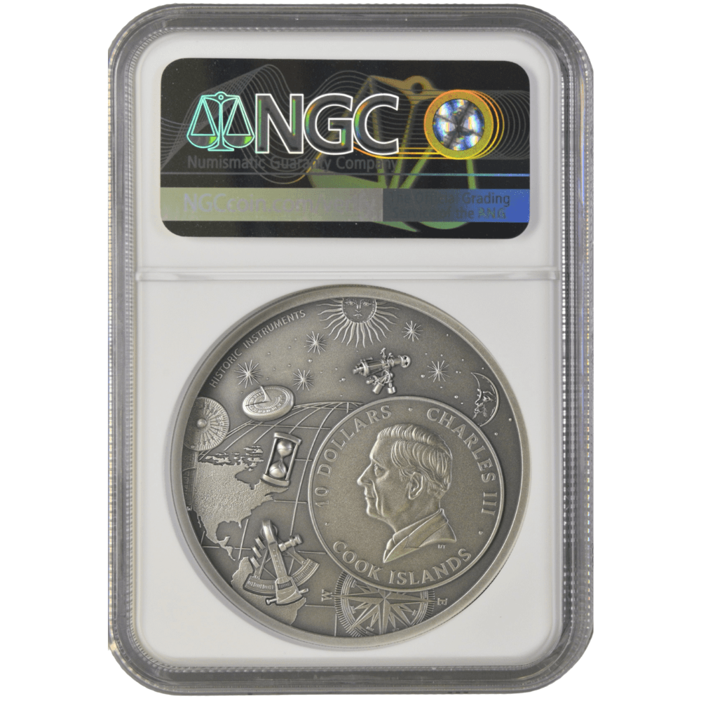 Historic Instruments ARMILLARY SPHERE2 Oz Silver Coin $10 Cook Islands 2024- NGC Graded MS 70 Antiqued - PARTHAVA COIN