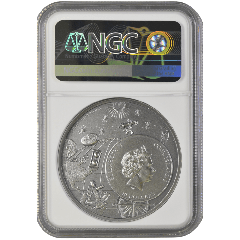 Historic Instruments ASTROLABE 2 Oz Silver Coin $10 Cook Islands 2023- NGC Graded MS 70 Antiqued - PARTHAVA COIN