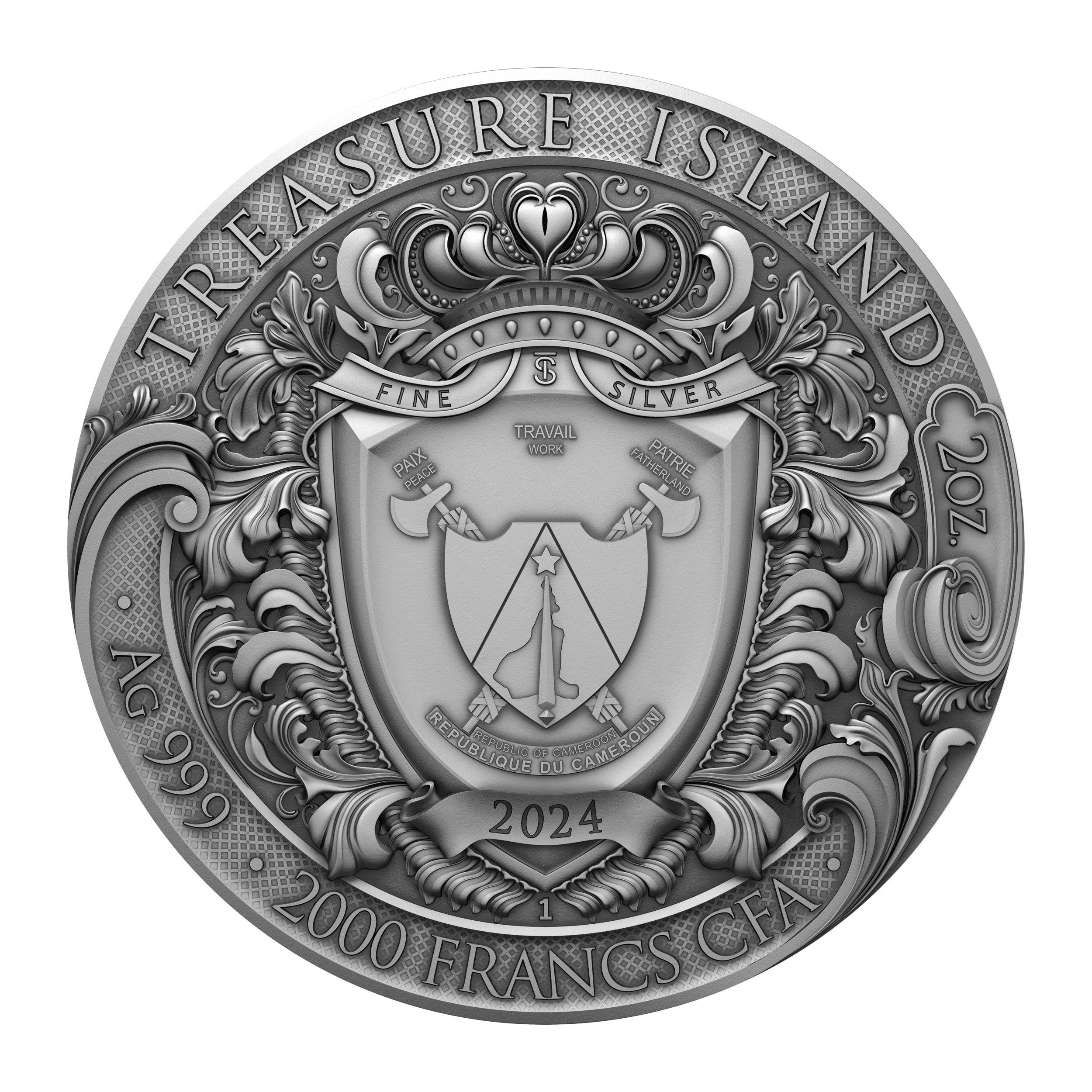 TREASURE ISLAND 2 Oz Silver Coin 2000 Francs Cameroon 2024 - PARTHAVA COIN