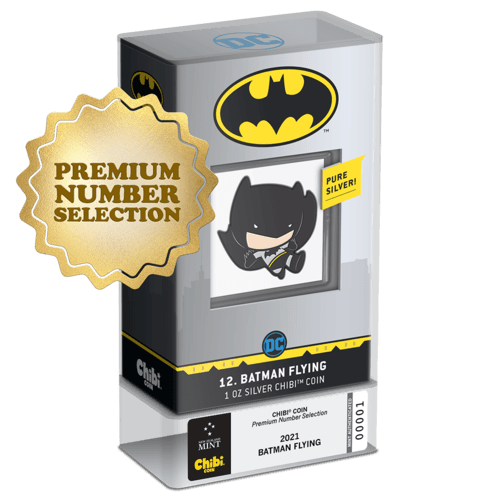 PREMIUM NUMBER SELECTION, BATMAN™ FLYING, 1oz Pure Silver Coin, Series:  Chibi® Coin Collection DC Comics 2021, Niue, NZ Mint - PARTHAVA COIN