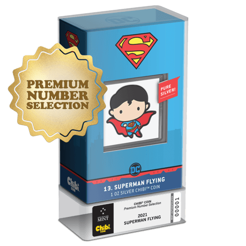 PREMIUM NUMBER SELECTION, SUPERMAN™ FLYING, 1 oz Pure Silver Coin, Series: Chibi® Coin Collection DC Comics 2021, Niue, NZ Mint - PARTHAVA COIN
