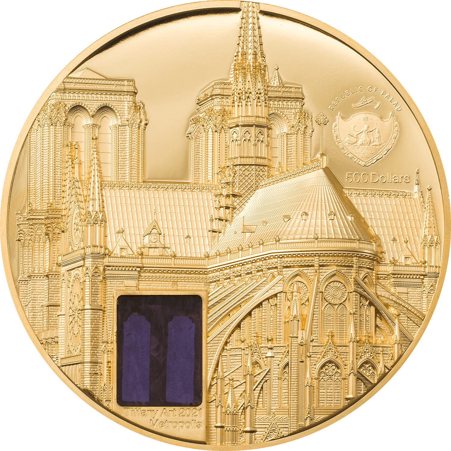 NOTRE DAME DE PARIS Tiffany Art 5 Oz Gold Coin $500 Palau 2021 - PARTHAVA COIN
