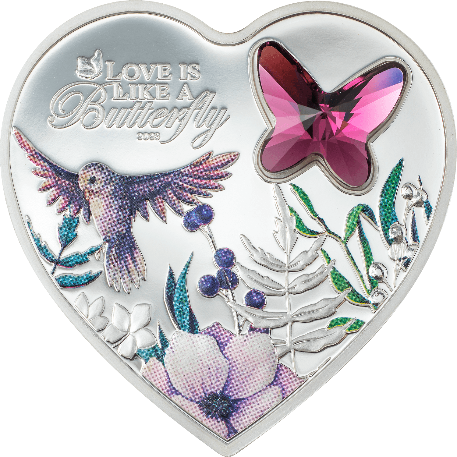 BUTTERFLY Brilliant Love Heart Silver Coin $5 Cook Islands 2023 - PARTHAVA COIN