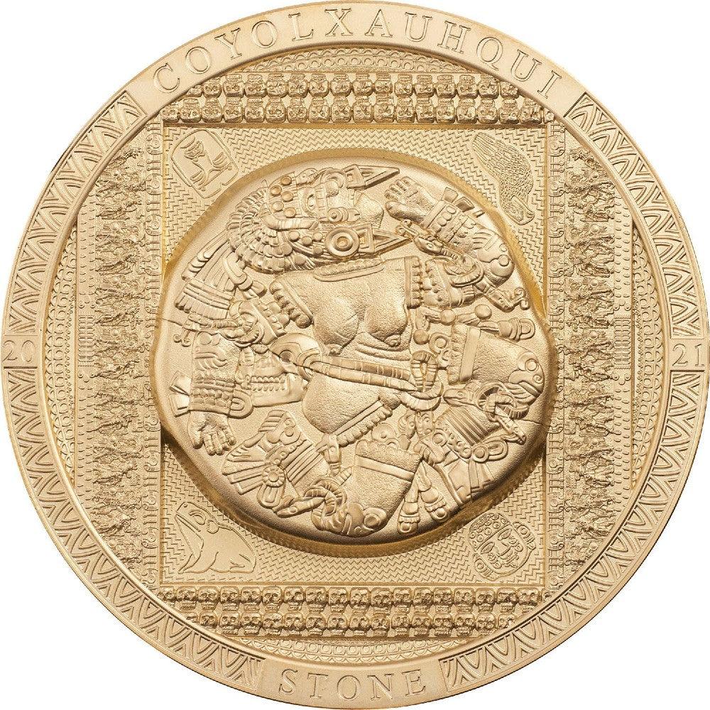 COYOLXAUHQUI STONE Gilded Archeology Symbolism 3 Oz Silver Coin 20$ Cook Island 2021 - PARTHAVA COIN
