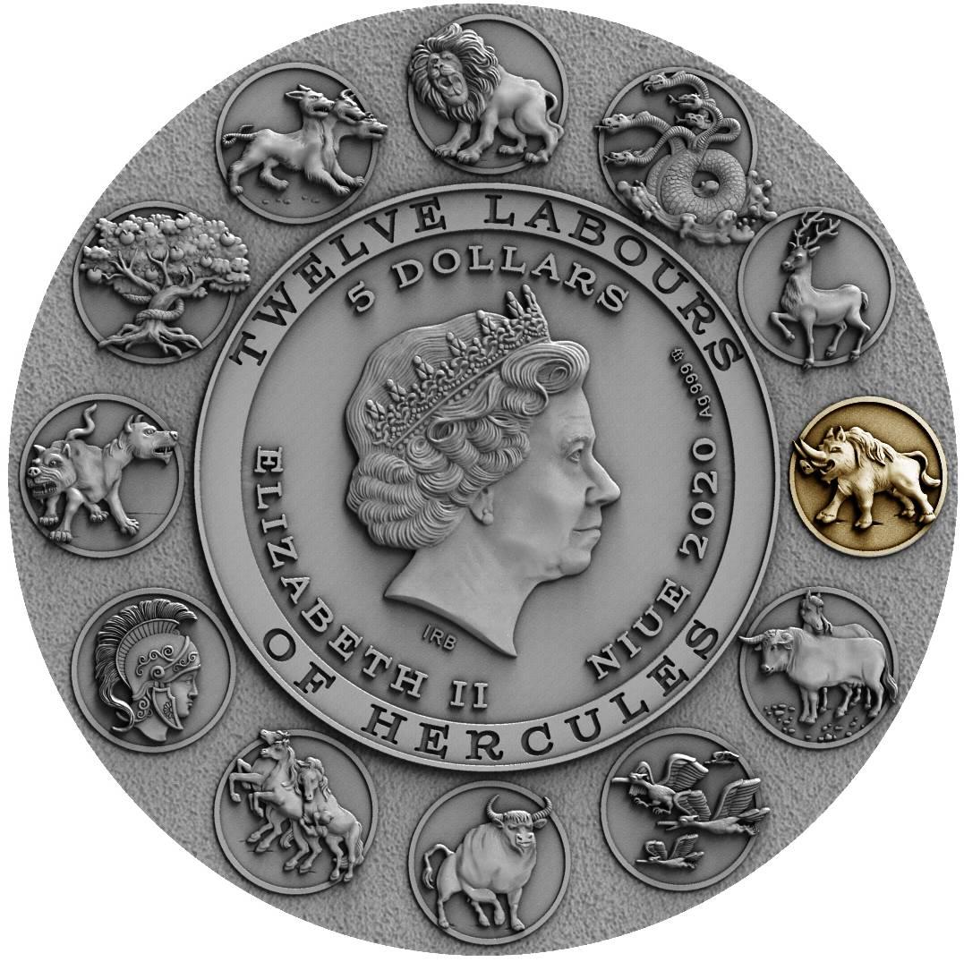 ERYMANTHIAN BOAR Twelve Labours of Hercules 2 Oz Silver Coin 5$ Niue 2020 - PARTHAVA COIN