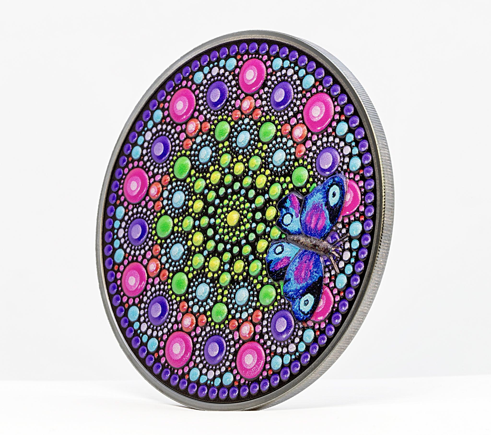 FLOWER WITH BUTTERFLY Dot Art 3 Oz Silver Coin $20 Palau 2023 - PARTHAVA COIN