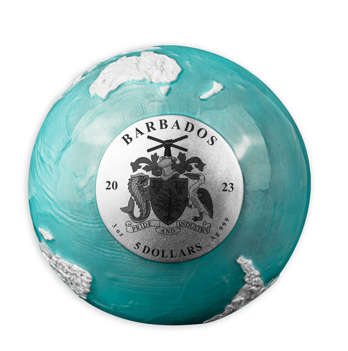 FROZEN MARBLE Planet Earth Spherical 3 Oz Silver Coin $5 Barbados 2023 - PARTHAVA COIN