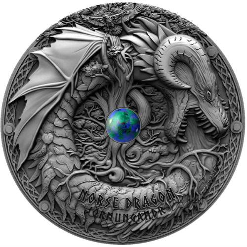 NORSE DRAGON Azurite Dragons 2 Oz Silver Coin 2$ Niue 2019 - PARTHAVA COIN