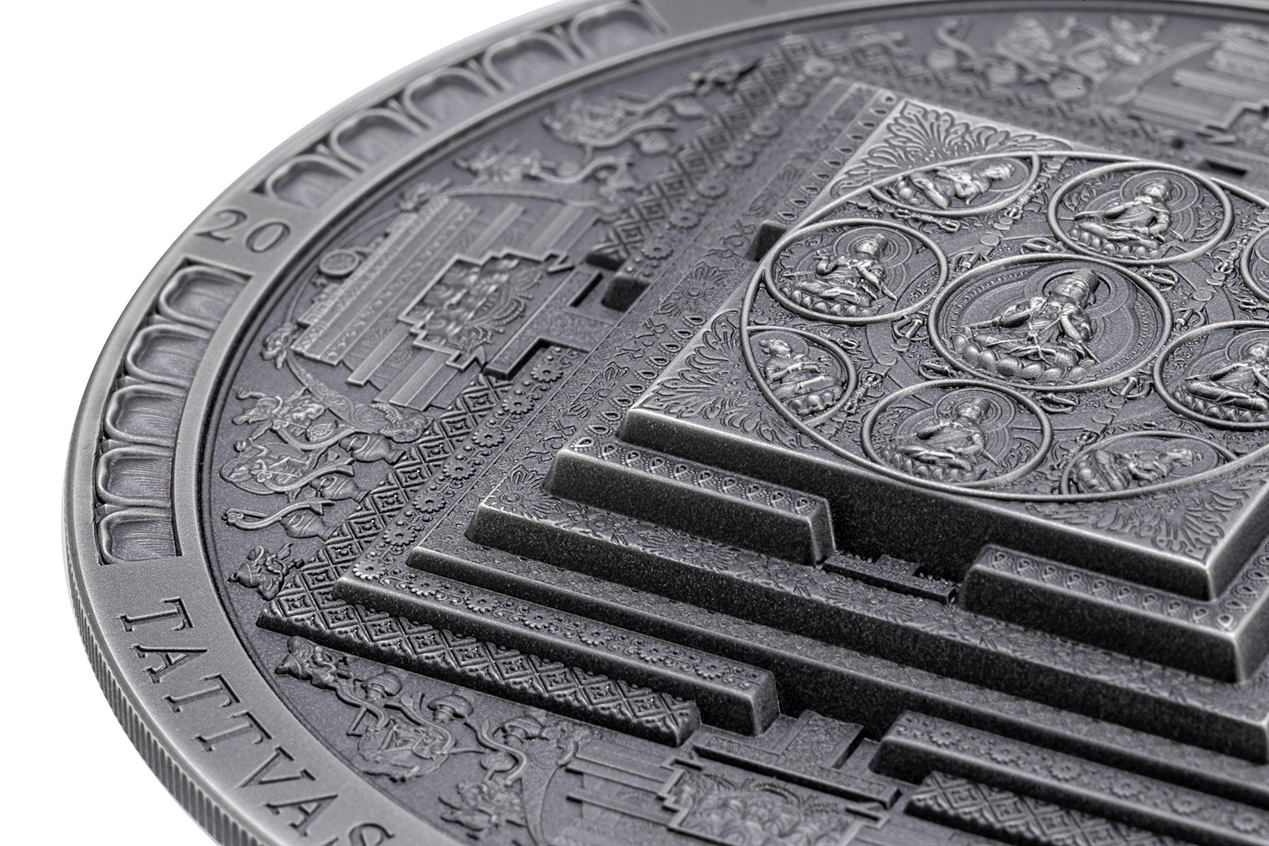 VAIROCHANA BUDDHA MANDALA Archeology Symbolism Antiqued 3 Oz Silver Coin 2000 Togrog Mongolia 2022 - PARTHAVA COIN