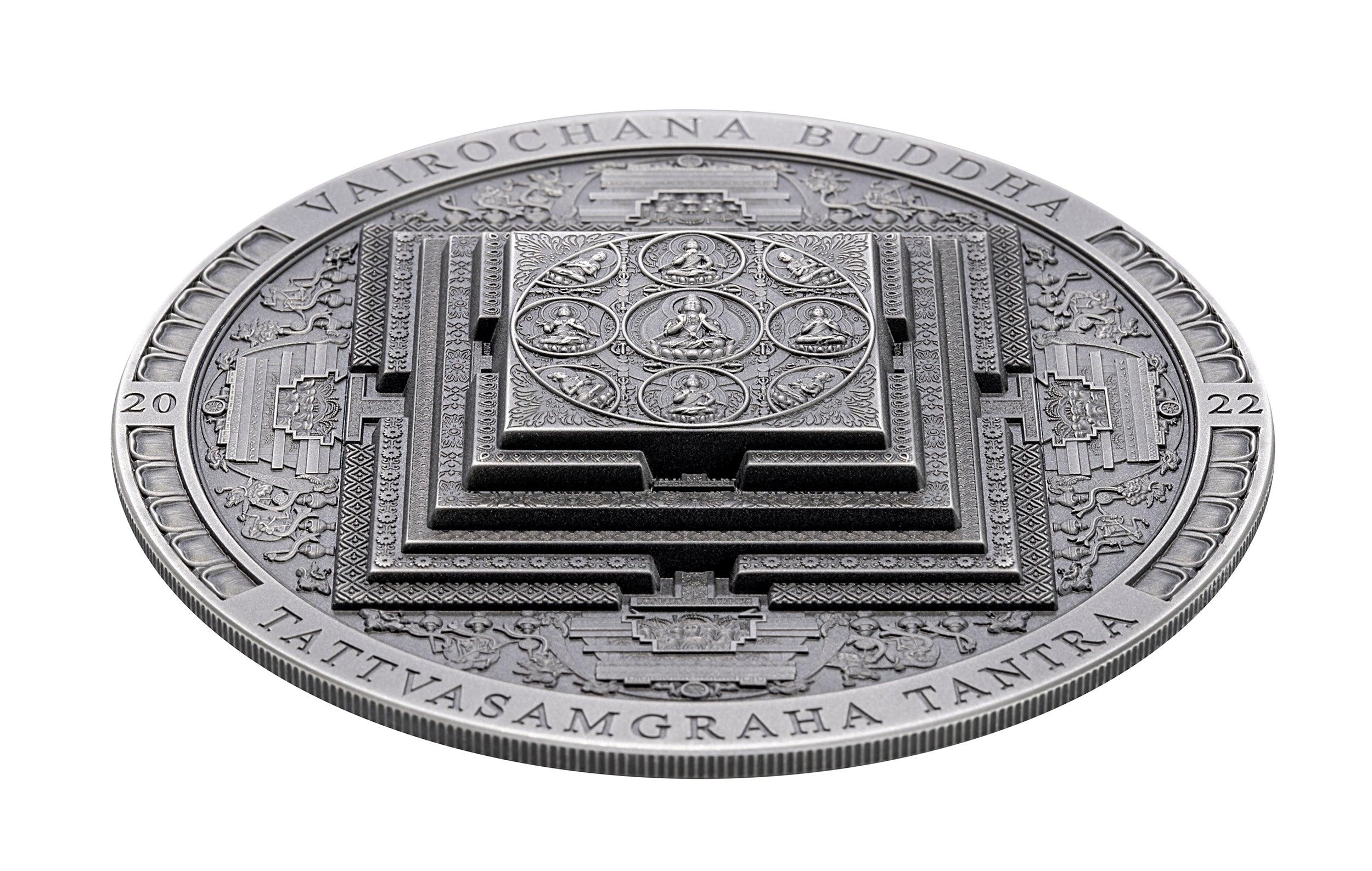 VAIROCHANA BUDDHA MANDALA Archeology Symbolism Antiqued 3 Oz Silver Coin 2000 Togrog Mongolia 2022 - PARTHAVA COIN